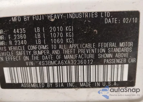 2010 Subaru Legacy 2.5I из США, поврежденный, VIN 4S3BMCA6XA3236012